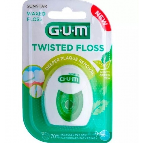 Gum 350  twisted floss seda con cera 1 unidad 30 m sabor te verde y menta - seda con cera