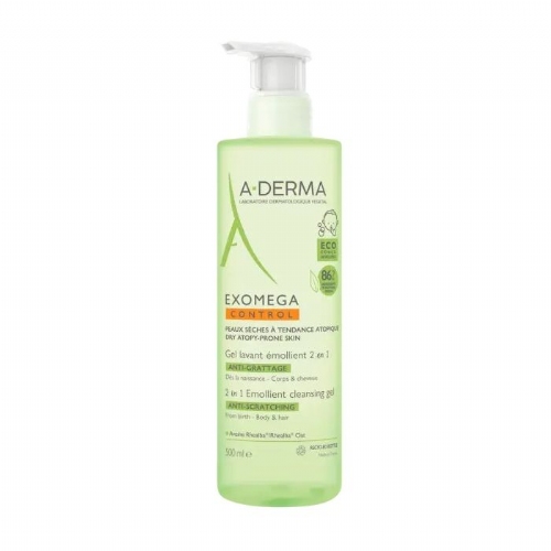 A-derma exomega control gel limpiador emoliente 2 en 1 cuerpo y cabello 1 envase 500 ml